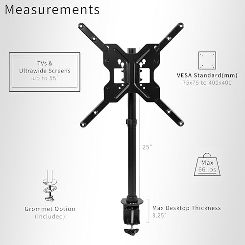 Black TV Desk Mount for 23-55 Inch Screens - Full Motion Height Adjustable