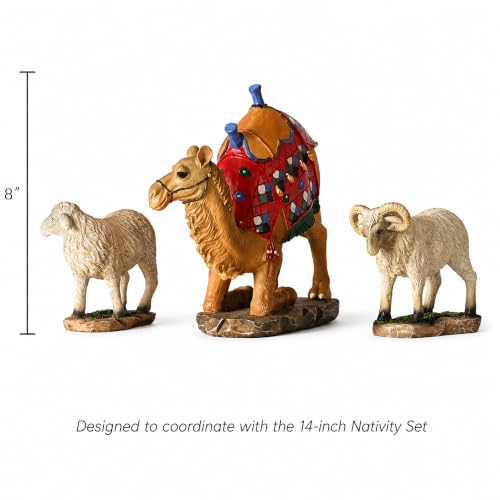 Three Kings Gifts Awassi Sheep & Camel Add-On Set for 14-Inch Nativity Scene, Polystone Animals with Hand-Painted Details