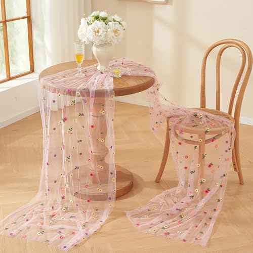 Pink Flower Tulle Table Runner 29x120 Inch Embroidery Florals Soft Sheer Tulle Fabric for Wildflower Party and Baby in Bloom Baby Shower Decorations