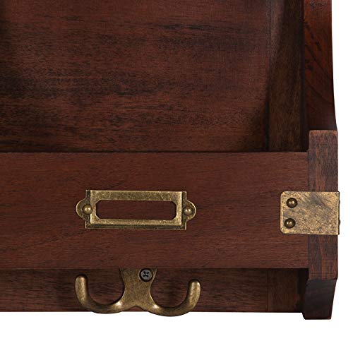 Wall Mounted Wood Home Organizer Mirror with Pockets & Hooks - Walnut 24"L x 3.5"W