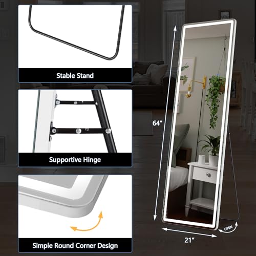 White 21x64 Inch LED Full Length Mirror with Lights - Wall Mount & Stand