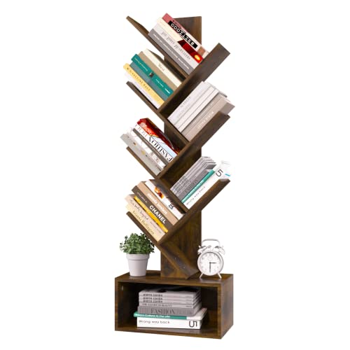 Yoobure Rustic Brown 6 Shelf Tree Bookshelf - Tall Wooden Book Storage Rack