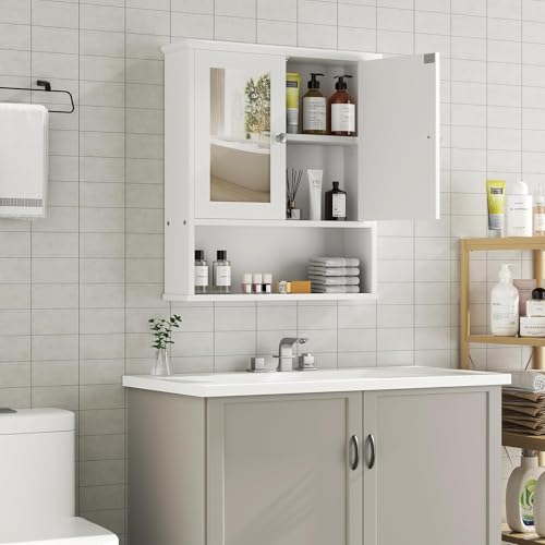 Shintenchi White Bathroom Medicine Cabinet with Mirror, Wall Mount, Adjustable Shelves