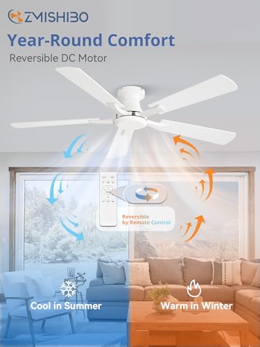 ZMISHIBO 52 Inch Ceiling Fan No Light, Flush Mount Low Profile, White