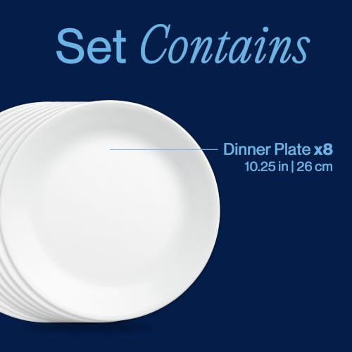Corelle Vitrelle 8-Piece 10.25-Inch Frost White Dinner Plates Set, Chip-Resistant & Lightweight