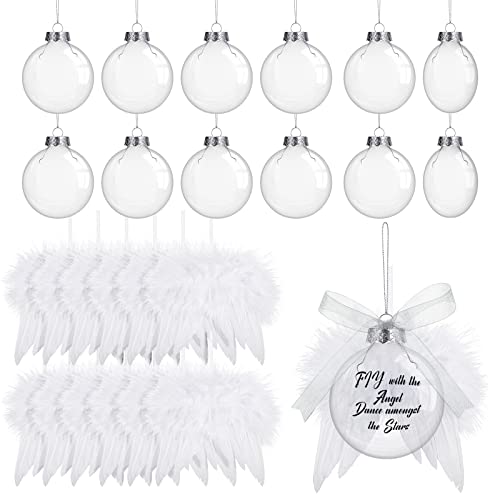 Sratte 12 Sets Christmas Memorial Ornament Feather Ball 80 mm - Clear Plastic Ornaments with White Ribbon
