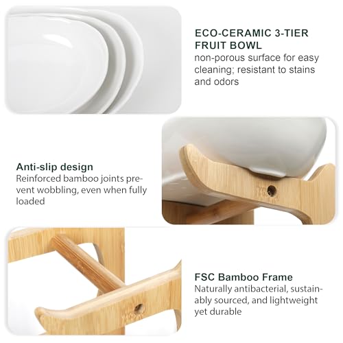 3-Tier Fruit Bowl with Bamboo Stand - Ceramic Serving Basket for Kitchen Counter Storage