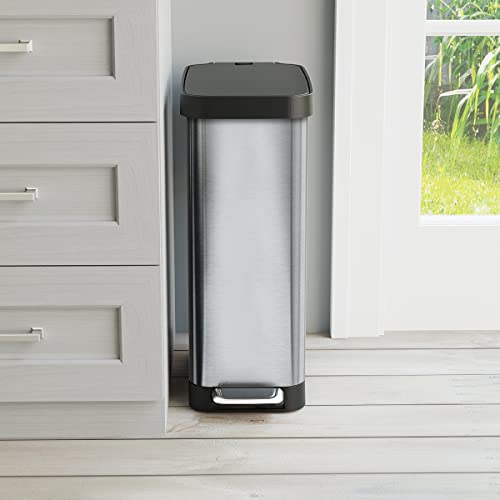 Stainless Steel Slim Trash Can with Clorox Odor Protection - 45L Kitchen Waste Bin with Soft Close Lid & Step Pedal