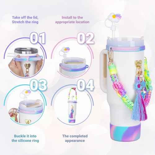 8Pcs Initial Stanley Cup Accessories Set for 40Oz 30Oz 20Oz - Teen Girls Gifts Tumbler Cup Decorations with Handle, Rainbow Straw Topper, Flower Charms, Silicone Boot and Letter Stickers A