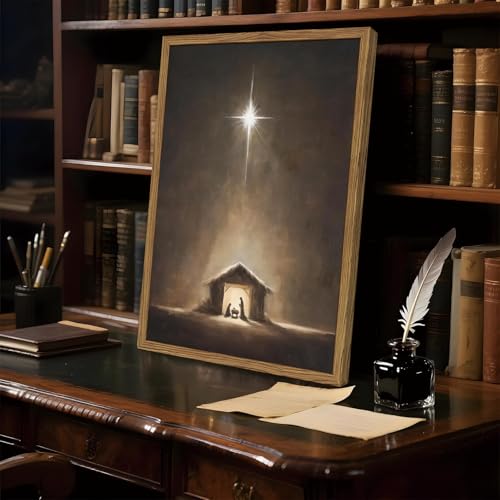 24x16 Inch Nativity Scene Wall Art Jesus Bethlehem Star Canvas Framed Religious Decor