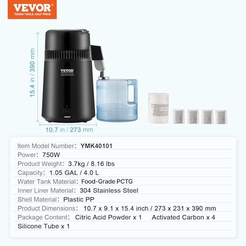 VEVOR 4L Water Distiller Black - Home Countertop Pure Water Maker, 750W Stainless Steel