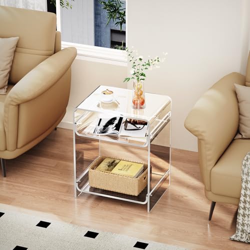 Acrylic End Table with Storage Shelf - Clear Nightstand for Record Player & Magazines (15.7x19.7x11.8)