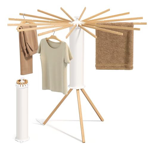 SONGMICS Foldable Clothes Drying Rack with 16 Beech Wood Arms - Rotary Tripod, Space-Saving
