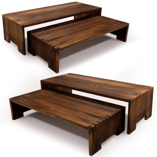 Large Wooden Display Risers Set - 2 Pack 2-Tier Cupcake & Dessert Stands, Rustic Brown