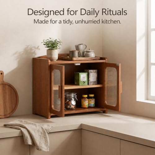 Solid Wood Bread Box with Ventilation - Walnut Brown Two-Tier Countertop Storage Cabinet