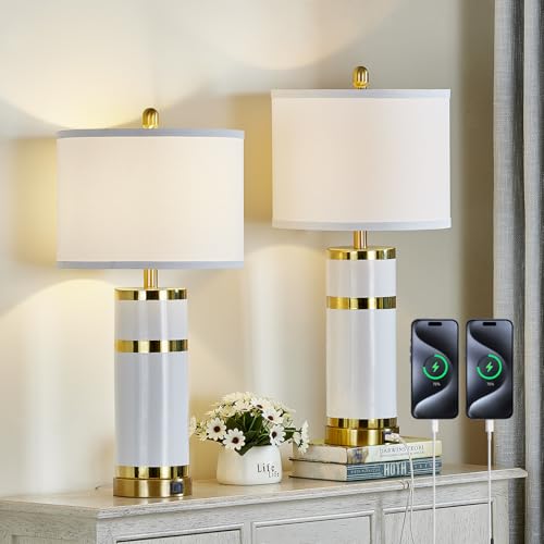 Creamy White 28-Inch Ceramic Bedside Table Lamps Set of 2 with Gold Accents