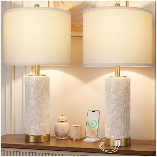 25.5-Inch Boho Ceramic Table Lamps Set of 2 with Dimmable Bulbs & USB Ports