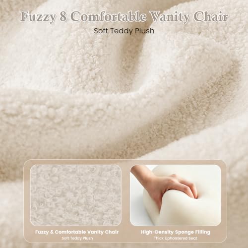 White Vanity Chair with Backrest - Girls Desk Stool, Adjustable & Swivel
