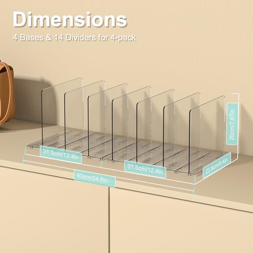 Adjustable Clear Bag & Purse Organizer with 4 Bases + 14 Dividers - Closet Storage