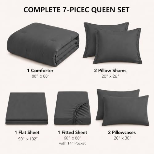 HIMEET Queen Comforter Set Dark Grey 7-Piece Bed in a Bag - Soft & OEKO-TEX Certified