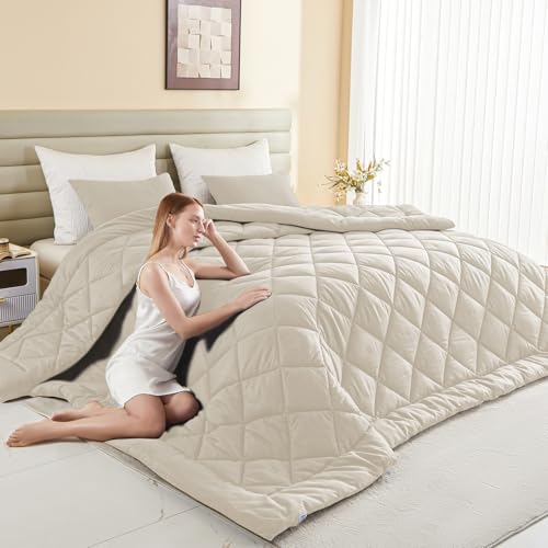 Alaskan King Size Comforter Beige 132x120 Oversized All-Season Down Alternative Quilt with 8 Corner Tabs - Extra Large Bed Duvet Insert