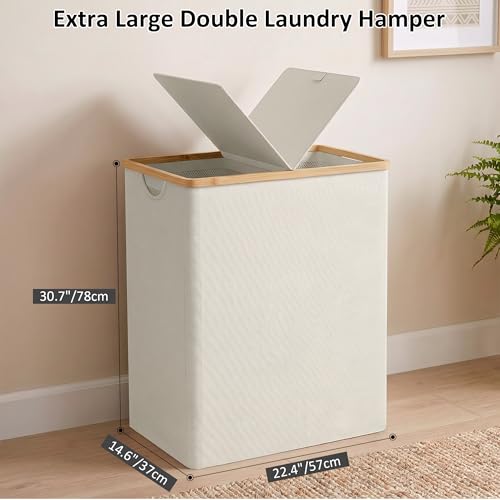 Double Laundry Hamper with Lid and 2 Removable Bags - Beige, 170L Capacity