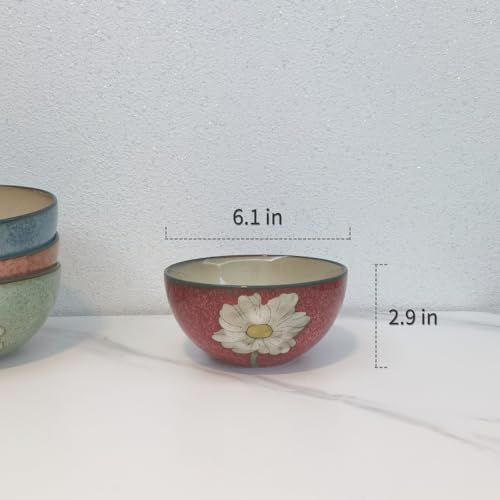 Ceramic Bowls Set of 4 - 28oz Colorful Salad, Cereal, Soup Bowls - Blue, Red, Green, Pink