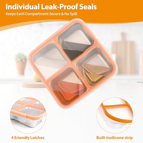 4 Pack Stainless Steel Snack Containers with Lids - 4-Compartment Leakproof Bento Boxes - Reusable Dishwasher Safe Food Storage - Variation: 4pack-a