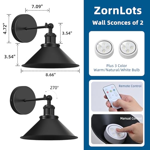 Battery Operated Wall Sconce Set of 2 - Black Wireless Dimmable LED Wall Lights with Remote