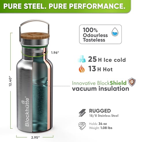 34 oz Stainless Steel Water Bottle - Wide Mouth Insulated Canteen for Cold Drinks - Silver