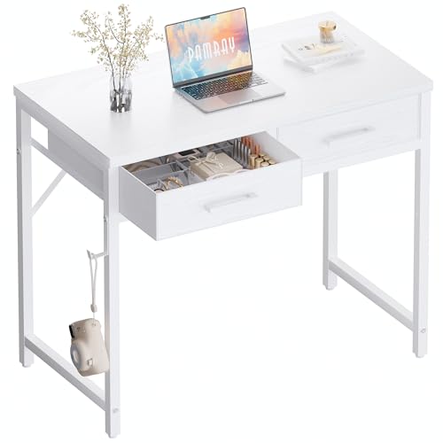 Pamray White 32-Inch Small Computer Desk with 2 Fabric Drawers for Small Spaces