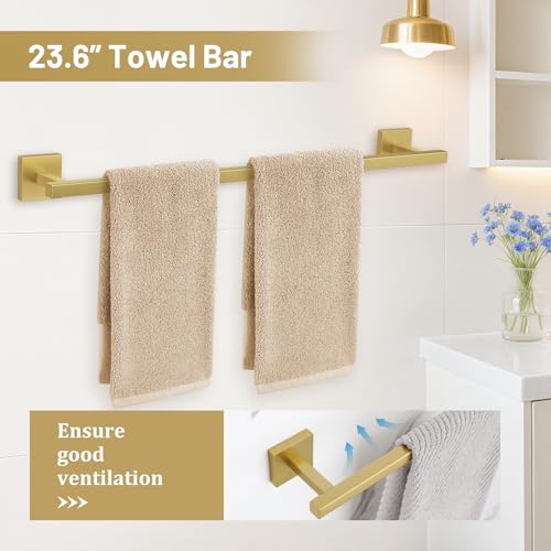 Brushed Gold Bathroom Hardware Set - 5-Piece Wall-Mounted Towel Rack Kit