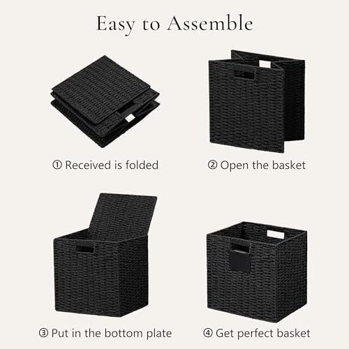UBBCARE 4-Pack Black Wicker Storage Baskets 13x13 Inches Foldable Handles