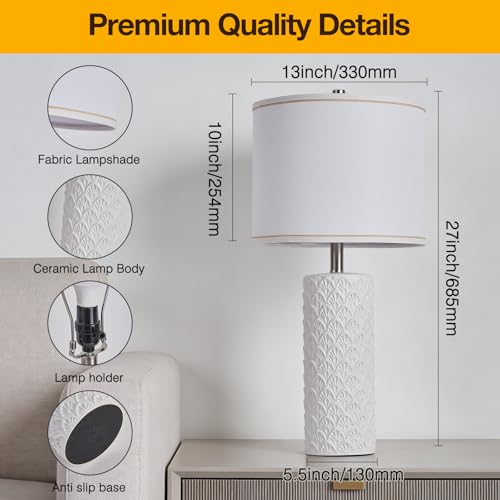 HELJIA 27-Inch White Farmhouse Table Lamp Set of 2 - Modern Minimalist Design, Adjustable Color Temperature, Easy Assembly