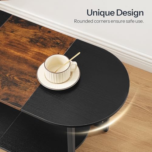 Oval Rustic Brown and Black Coffee Table with 2-Tier Storage - Wooden Center Table