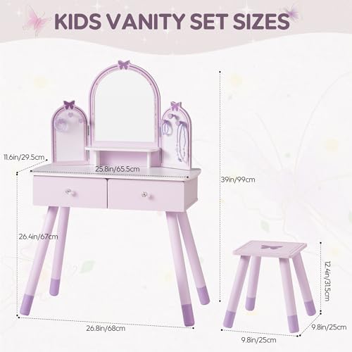Kids Vanity Table Set with Mirror & Storage - Purple Girls Dress Up Furniture