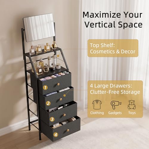 Vanity Dresser with Adjustable Mirror & 4 Fabric Drawers - Black, 15.3 W x 11 D x 58 H