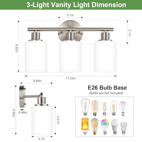 3-Light Vanity Light Fixture - Brushed Nickel & Milky White Glass Shades, Reversible Mounting