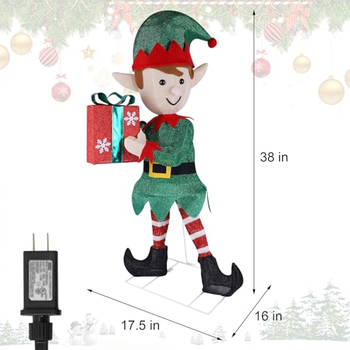 Lighted Christmas Elf Yard Decor - 38-Inch Outdoor Holiday Garden Statue