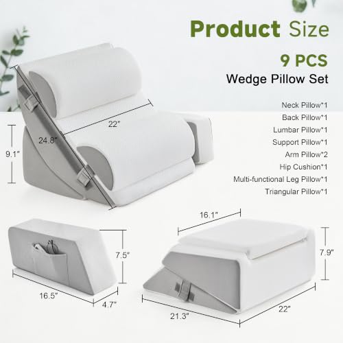 Yojoker 9PCS Wedge Pillow Set for Post-Surgery Support, Adjustable Full-Body Wedge Set in White-Grey