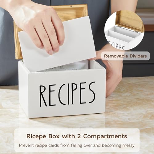 BWODYAY White Recipe Box with 100 Cards & 6 Dividers, 4x6 Organizer