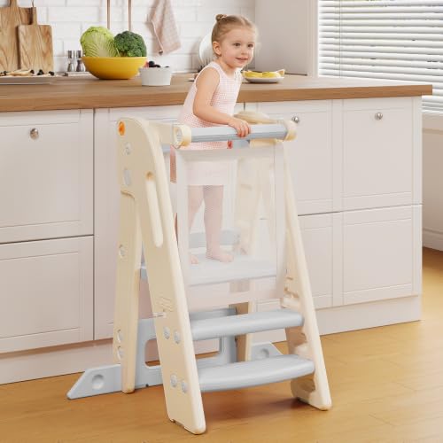 Onasti Foldable Toddler Kitchen Helper Tower - Adjustable Height Safety Stool, Gray