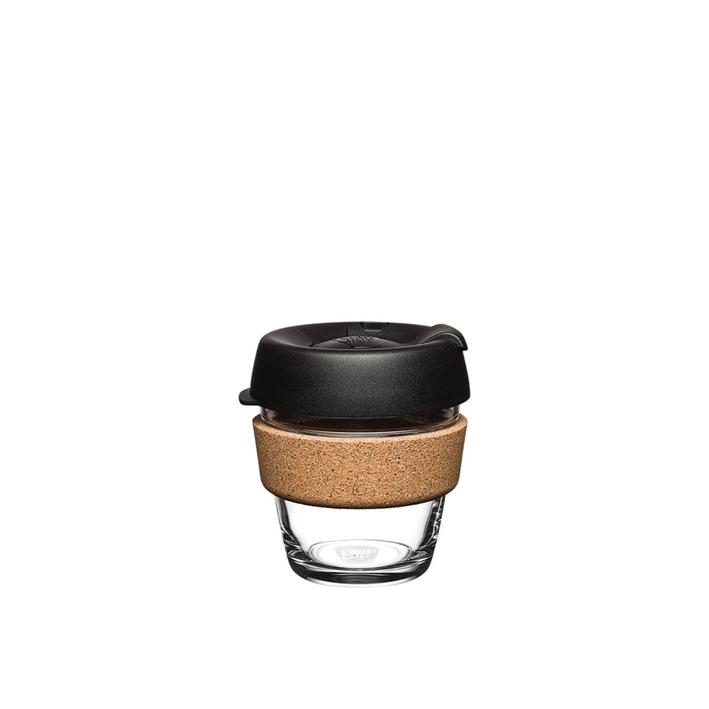 KeepCup Brew Cork, Reusable Glass Tumbler with Natural Cork, Espresso Coffee Cup 6oz / 227ml - Black