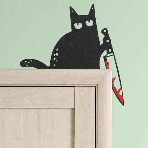Cat Door Topper Decoration Decor Black Cat Lover Gifts for Women Funny Halloween Christmas Furniture with Knife