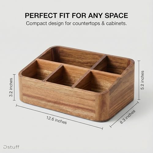 Acacia Wood Coffee Station Organizer with 5 Compartments for Kitchen Countertop and Office