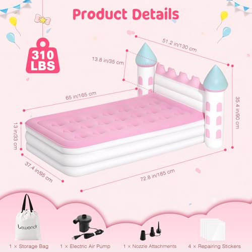 Lewondr Pink Castle Toddler Inflatable Bed with Electric Air Pump - Girl's Play & Sleep Bed, 3D Castle Headboard, Safe & Quick Inflate