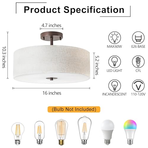 Bargeni Oil-Rubbed Bronze 16-inch Linen Drum Semi-Flush Ceiling Light Fixture