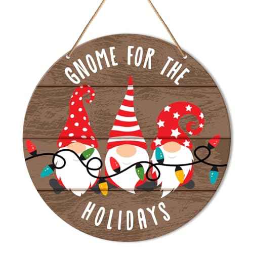 Muktoujaumai Christmas Sign Front Door Decor, Christmas Round Hanging Sign Decor Farmhouse Gnome Xmas Holiday Wall Decorations Winter Wood Sign for Door, Porch, Home, Gnome for The Holidays