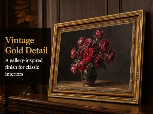 MOGIKE Vintage Framed Burgundy Red Rose Wall Art - 12x24 Inch Floral Canvas for Living Room & Bedroom