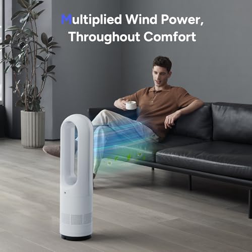 Faryuan 22-Inch White Bladeless Tower Fan with Remote, 8 Speeds, 80° Oscillation, 9H Timer, Quiet Portable Cooling for Indoor Use